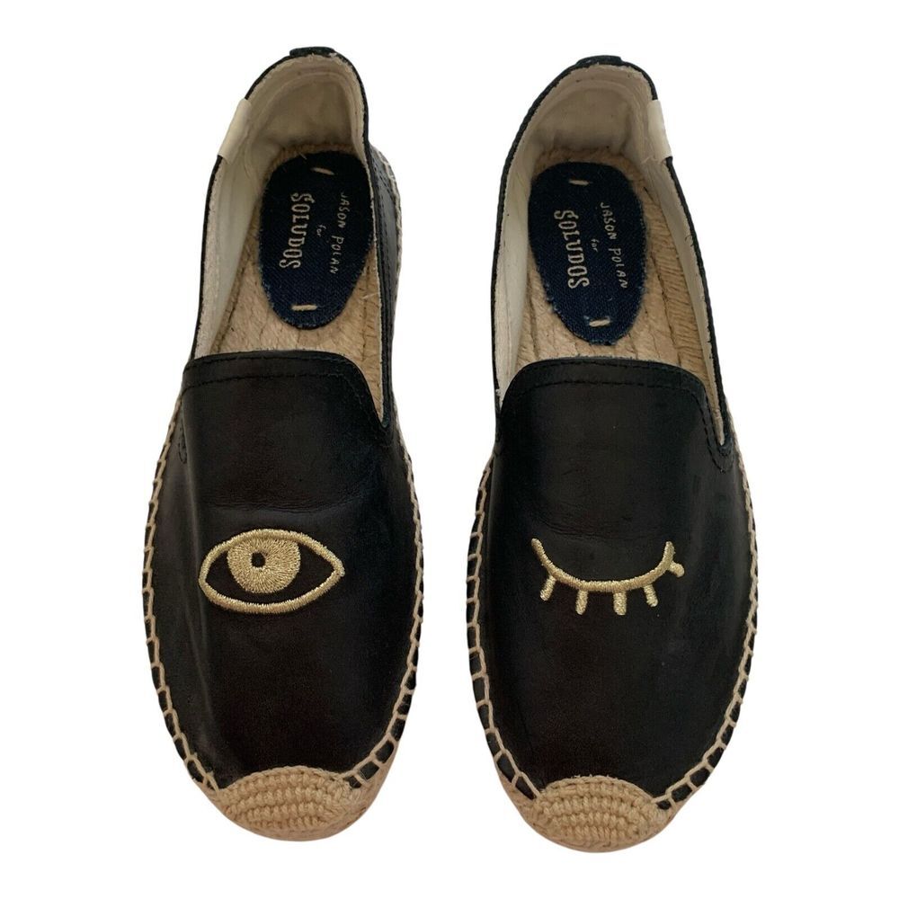 Soludos Winking Eye Espadrilles SZ 6 BlackFlat Jason Polan Canvas Shoes Blinking